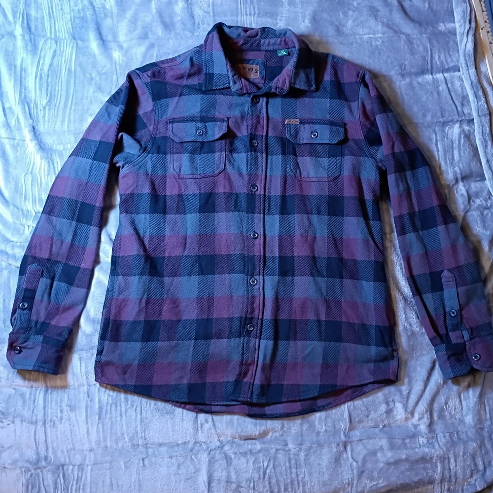 Orvis Mens Large Flannel Shirt Burgundy Navy Blue Plaid Cotton Button Up 1312517